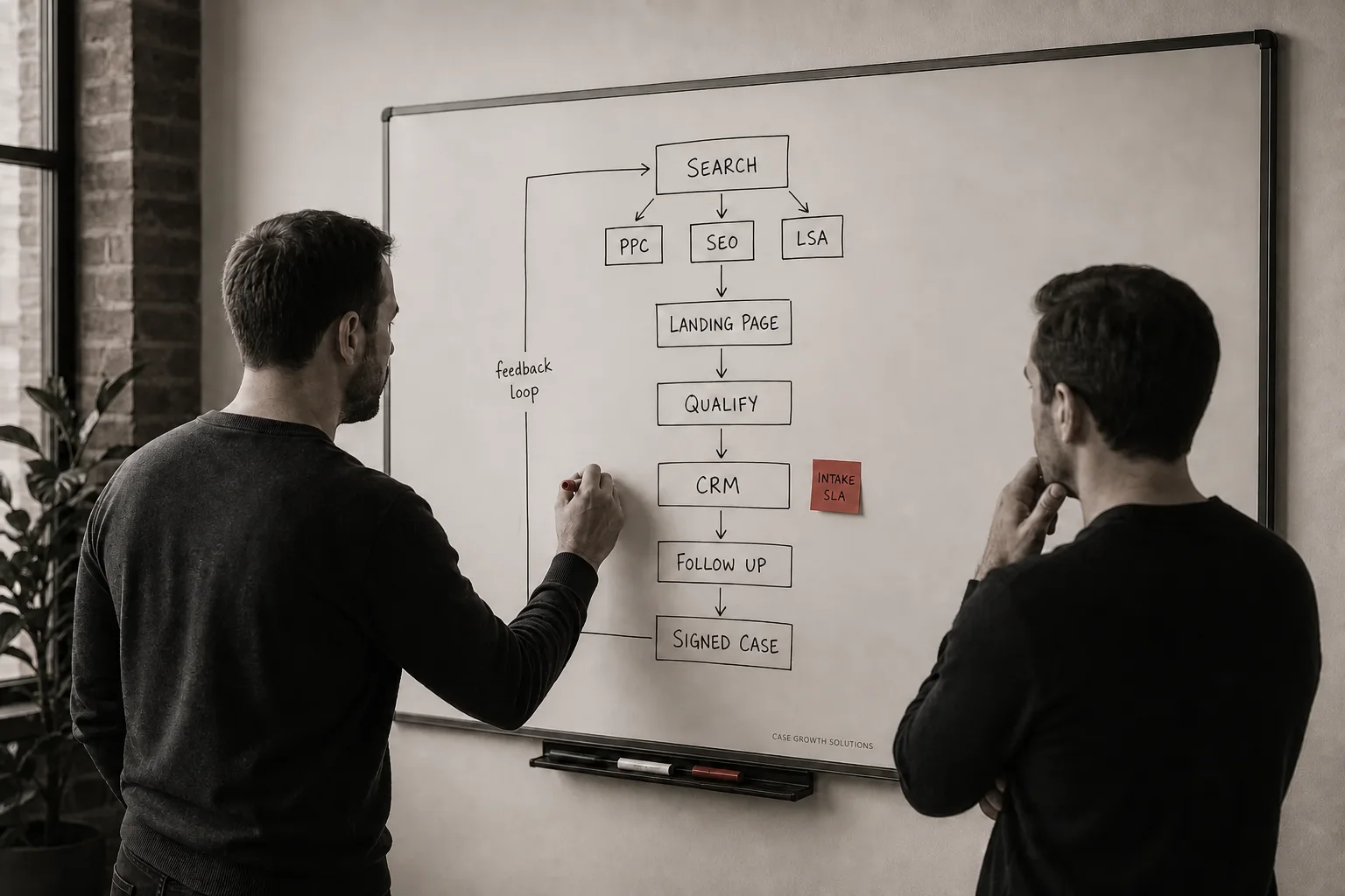 Two strategists map paid search, qualification, CRM delivery, follow-up, and signed-case feedback on a whiteboard.